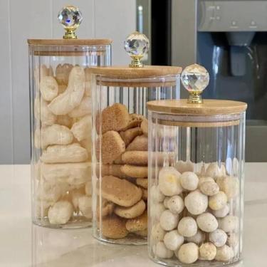 Imagem de Kit 3 Potes Porta Mantimento Vidro Canelado tampa de Bambu Porta Condi