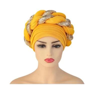 Imagem de Boné turbante trançado de lantejoulas para mulheres africano autogele 