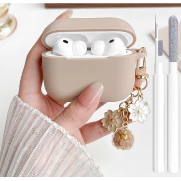 Imagem de Linda capa para Airpods Pro 2/1 para meninas e mulheres com chaveiro de flor pompom e kit de limpeza, Airpods de silicone macio para iPod Pro 2/1 Gen capa protetora para Airpod Pro