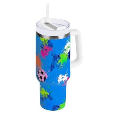 Imagem de ODAWA Copo isolado de aço inoxidável grande com alça e tampa de palha, copos isolados de viagem azul futebol