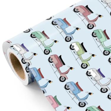 Imagem de WRAPAHOLIC Rolo de papel de embrulho vintage para scooter – Mini rolo – 43 cm x 40 cm – Papel de embrulho colorido retrô para motocicletas e ciclomotores para presente para homens, adolescentes