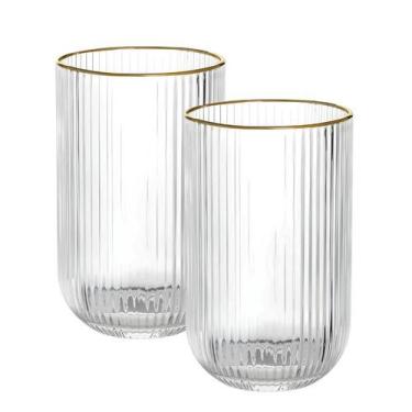 Imagem de Kit 2 Copos Vidro Versalhes Borda Dourada Canelado Bulk Long Drink Agu