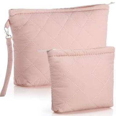 Imagem de Gilprop 2 peças de bolsa de maquiagem acolchoada para cosméticos para mulheres, fofa, portátil, organizador de maquiagem, bolsa de higiene pessoal com alça de pulso, mini bolsa de moedas com zíper