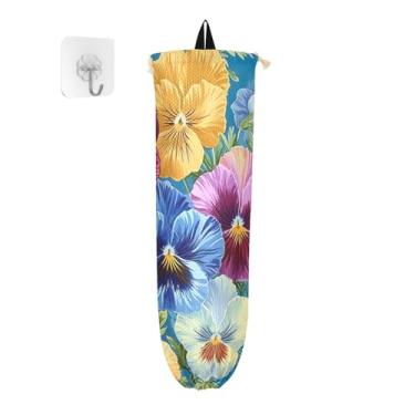 Imagem de Amores-perfeitos em um dispensador de saco de plástico azul para sacolas de compras, suportes de sacolas plásticas, suportes de plástico para sacolas de supermercado suporte de parede