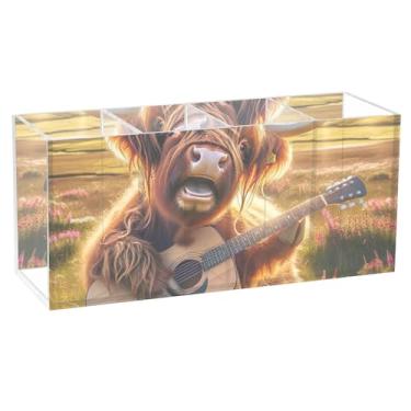 Imagem de TSENQUE Porta-lápis de mesa divertido personalizado engraçado vaca highland floral escritório arte Caddy acrílico copo de papelaria para suporte de canetas