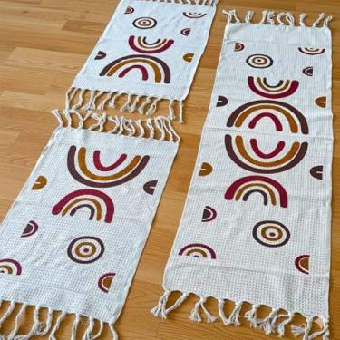 Imagem de Kit Passadeira Cozinha 3 Peças Tapete Geométrico Antiderrapante Tecido Absorvente Decoração Casa (MEIA LUA)