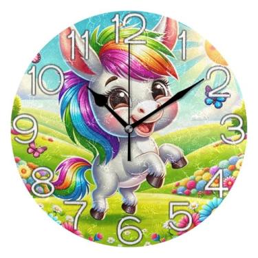 Imagem de GAIGEO Relógio de parede decorativo analógico redondo sem tique-taque silencioso quarto relógio de cozinha, arte de parede boho decoração de casa bonito hippie burro colorido, 25 cm, ponteiros