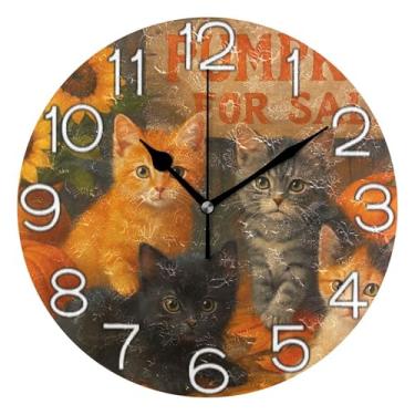 Imagem de GAIGEO Relógio de parede analógico decorativo relógio de cozinha bonito operado por bateria silencioso, arte de parede boho decoração de casa gatinho fofo gato abóbora floral, 25 cm, ponteiros pretos