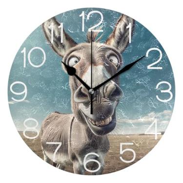 Imagem de GAIGEO Relógio de parede decorativo de burro engraçado com olhos cruzados, analógico, relógio de cozinha, rústico, redondo, sem tique-taque, silencioso, arte de parede moderna, decoração de casa, 25