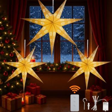 Imagem de YPGFDZYDHH Pacote com 3 lanternas de estrela de papel de 58,4 cm com luzes LED, luz de estrela suspensa de 7 pontos para Natal, casamento, aniversário, lanterna de papel 3D branca geométrica com