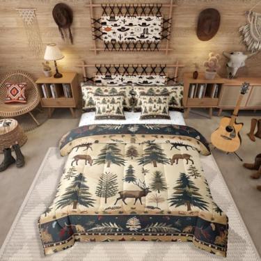 Imagem de Erosebridal Conjunto de edredom vintage de veado da floresta com 7 peças, conjunto completo de cama rústica de animais da floresta do sudoeste, tribal, étnico, em uma bolsa, caça, veado, alce, alce