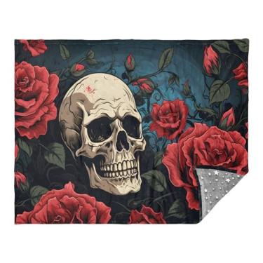 Imagem de CEBUGI Cobertor de flanela quente macio 127 x 178 cm para sofá, cama, escritório, acampamento, viagem, desenho animado, crânio e rosas, uso em todas as estações