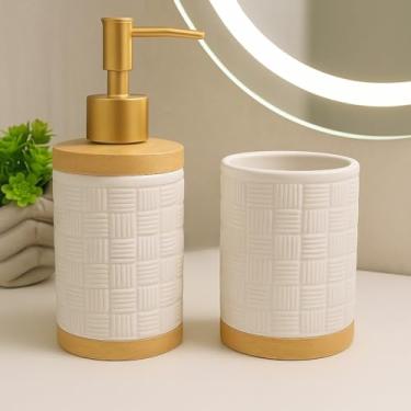 Imagem de Kit Banheiro Lavabo em Cerâmica com Dispenser para Sabonete Líquido e Porta Escova de Dente Decorativo(TIJOLINHO BRANCO)