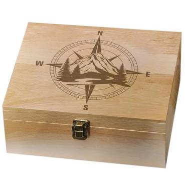 Imagem de arricraft 1 caixa de memória de madeira, padrão de bússola de montanha, caixa de memória de madeira decorativa com tampas de dobradiça para fotos de aniversário, DVDs, letras, joias, 24,5 x 19,5 x