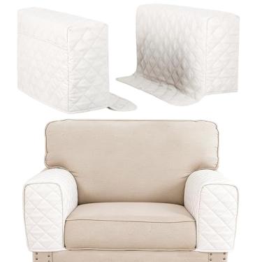 Imagem de Pacote com 2 capas de apoio de braço resistentes à água para cadeira de sofá com 3 bolsos, protetor de braço de tecido de poliéster antiderrapante para gatos de estimação (branca)