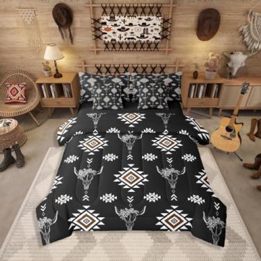 Imagem de Jogo de cama king com 7 peças asteca do sudoeste, cama rústica de caveira de touro, preto, branco, marrom, tribal, inclui edredom, conjunto de lençol, fronhas e fronhas, decoração de quarto geométrica