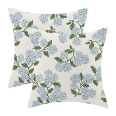 Imagem de AEIOAE Conjunto de 2 capas de almofada de primavera 61 x 61 cm, verde e azul, hortênsia, flor, floral, verão, ao ar livre, sazonal, decoração de casa de fazenda, capas de almofada para sofá-cama e