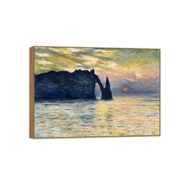 Imagem de BMZFYBS Claude Monet Famosas Impressões em tela de parede prontas para pendurar - Cliff Etretat pôr do sol - pintura de moldura de madeira para decoração de sala de estar 50 x 70 cm 20 x 27 pol