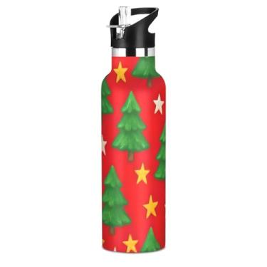Imagem de Joisal Garrafas de água vermelhas lindas árvores de Natal com tampa de canudo isolada de aço inoxidável para crianças adolescentes 590 ml copos de viagem à prova de vazamento de parede dupla para