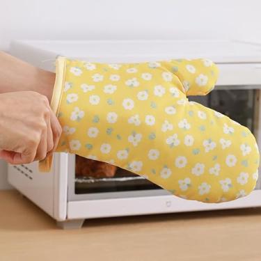 Imagem de Luvas de forno forradas de algodão – Luvas de micro-ondas resistentes ao calor para cozinhar e assar na cozinha, luvas domésticas isoladas (amarelo)