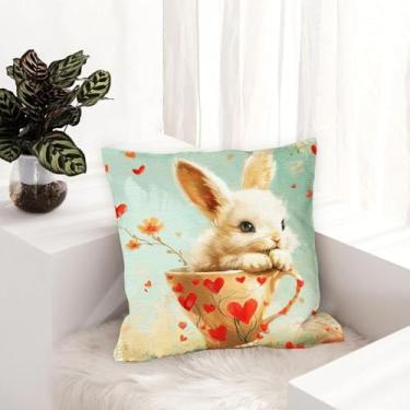 Imagem de Conjunto de 1 capa de almofada decorativa de coelho, capa de almofada quadrada para sofá de dia dos namorados, capas de almofada de casa de fazenda ao ar livre para sofá, sala de estar, quarto