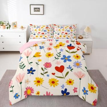 Imagem de jejeloiu Conjunto de edredom com flores fofas, tamanho Queen, floral, botânico, para crianças, meninos, meninas, edredom kawaii, estampa de flores, decoração de quarto de microfibra, 3 peças com 2