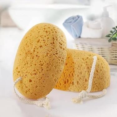 Imagem de Bola de banho de algas marinhas esfoliante de espuma rica em favo de mel amarelo claro com laço para pendurar para casa, spa, uso diário, chuveiro, viagem, amarelo
