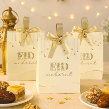 Imagem de 10 caixas de presente Eid Mubarak Bow, caixas de cupcake de doces com estampagem a quente do Ramadã branco marfim com fita e alça, caixa de presente de lembrancinha de decoração de estrelas e lua para