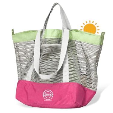 Imagem de STOVER Bolsa de praia de nylon de malha extra grande, férias, piscina, compras, brinquedos e viagem - dobrável com bolsa de armazenamento e bolsos para mulheres, homens e famílias - resistente e