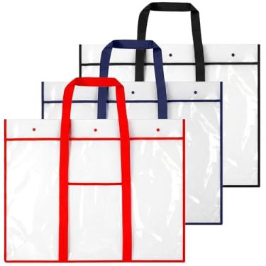 Imagem de QWORK Bolsa de armazenamento grande para pôster, pacote com 3, bolsa transparente de PVC de 80 cm x 64,8 cm com alça longa, bolso extra, para quadros de avisos, obras de arte e gráficos, fecho de 3