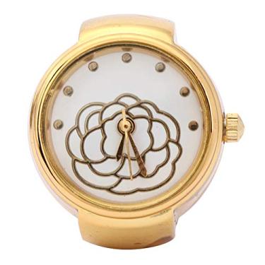 Imagem de Cryfokt Relógio de Dedo Redondo Com Mostrador de Flor Rosa, Relógio Estiloso de Quartzo Feminino Com Anel de Dedo para Uso Diário, Pulseira Elástica Dourada (Ouro)