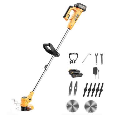 Imagem de Comedor de ervas daninhas sem corda 21V cortador elétrico alimentado por bateria com 3 tipos de lâminas telescópicas para aparar/podar de gramado de quintal pequeno, 1 carregador e 2 baterias (amarelo)