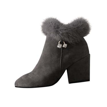 Imagem de Botas femininas de camurça bico fino strass salto grosso botas curtas moda outono e inverno cano médio, Cinza, 39