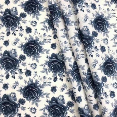 Imagem de Tecido Tricoline Estampado Floral Azul 100% Algodão para Artesanato e 