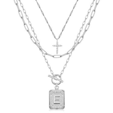 Imagem de MJartoria Colar com inicial em camadas para mulheres, moderno, latão banhado a ouro 14K, gargantilha com cruz simples, pingente de letra quadrada, colar de corrente de clipe de papel, joias, one size