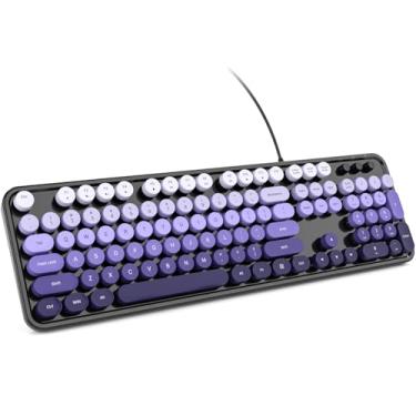 Imagem de KNOWSQT Teclado de computador com fio – preto roxo colorido retrô tamanho completo teclas redondas plug and play máquina de escrever lindos teclados para Windows, laptop, PC, desktop, computador