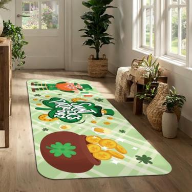 Imagem de Tapete de corredor do dia de São Patrício 43 x 129 cm, tapete de entrada da sorte trevo verde, tapete de porta longo antiderrapante para corredor, cozinha, porta da frente, decoração sazonal de casa