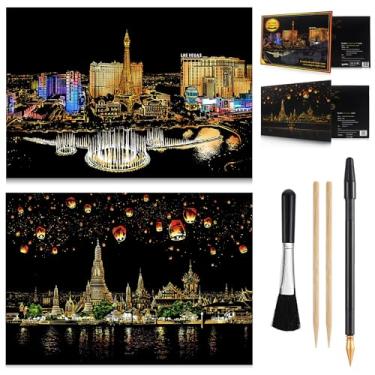 Imagem de MIASTAR Kits de pintura a raspar para adultos e crianças, conjunto de arte artesanal, papel de pintura artística de arranhão arco-íris, bloco de esboço DIY com vista noturna, 40 x 28 cm, presente criativo - com 3 ferramentas (Las Vegas)
