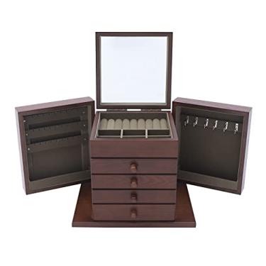 Imagem de Organizador de caixa de joias vintage com espelho - Armazenamento elegante com 4 gavetas para mulheres e meninas - Perfeito para anéis, colares, relógios e brincos - Design elegante de madeira