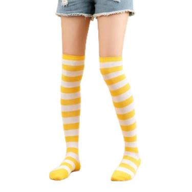 Imagem de 1 par de meias femininas listradas acima do joelho, adequadas para acessórios de roupas de Natal, meias altas de outono e inverno (branco-amarelado)