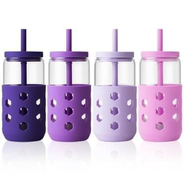 Imagem de Mrsdry Copos de vidro com tampas e canudos (pacote com 4), conjunto de copos de 473 ml com mangas de silicone para acessórios de cafeteria, xícaras de café geladas com tampas, copo de vidro
