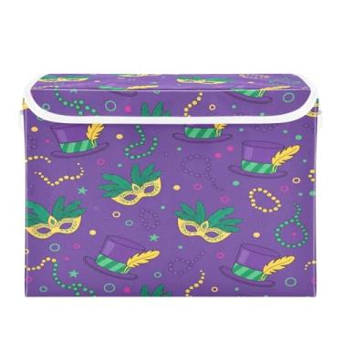 Imagem de Wassud Cestos de armazenamento dobráveis com tampas, cestas organizadoras de tecido dobrável de penas de carnaval para armário, casa e decoração sazonal 41,5 x 32,5 x 39 cm