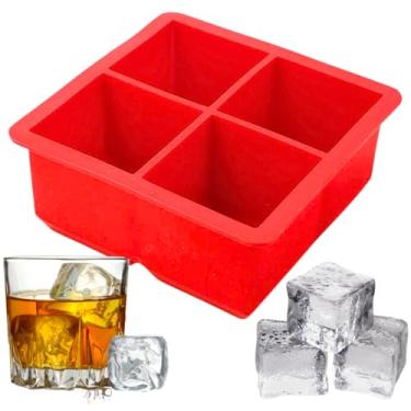 Imagem de Forma De Gelo Em Silicone Quadrada 11cm x 11cm Grande 4 Cavidades Gelo Em Cubos Para Coquetéis Drinks Whisky Forma Flexível (Vermelho)
