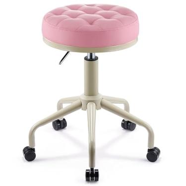 Imagem de AIROW Banqueta redonda com rodas, cadeira ajustável em altura giratória de 360°, almofada acolchoada de espuma de alta densidade para tatuagem de massagem de salão de spa