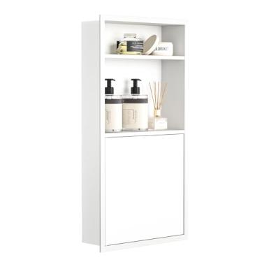 Imagem de Bernkot Armário de remédios embutido com porta 61 cm x 30 cm armários de remédios de parede branca com prateleira de 3 camadas, chuveiro de nicho de aço inoxidável 304 para armazenamento de banheiro