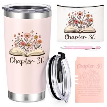 Imagem de Qtencas Presentes de aniversário de 30 anos para mulheres, capítulo 30 copo isolado de 590 ml com tampa e canudo, bolsa de maquiagem, caderno e caneta esferográfica, presentes de aniversário de 30