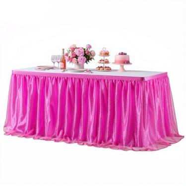 Imagem de Saia de mesa de tule vermelho rosa para mesas retangulares ou mesas redondas, saia de mesa tutu de 1,8 m para festa de aniversário, chá de bebê, toalha de mesa com babados para decoração de princesa