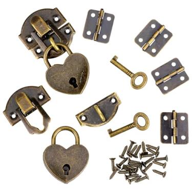 Imagem de Conjunto de 2 travas de bronze antigo, 27 x 30 mm, mini dobradiças de caixa e travas Love Locks com chaves, fivela decorativa com parafusos para caixas de joias e artesanato DIY