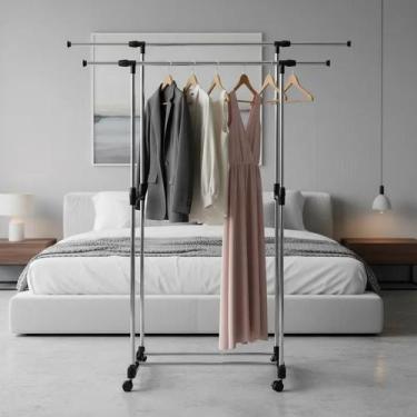 Imagem de Cabideiro Duplo Metálico com Prateleira Extensível Rodinhas - Yeet