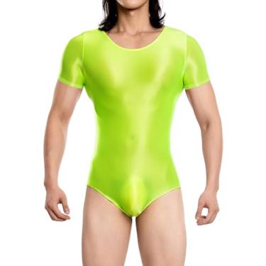Imagem de SEAUR Body masculino brilhante justo unitard roupa íntima de manga curta collant brilhante lingerie elástica macacão, Verde, G